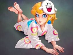 1girls barefoot blonde_hair blue_eyes bubble_butt cum cum_in_mouth cum_on_feet earrings feet female female_only foot_fetish full_body jewelry kimono looking_at_viewer mario_(series) mario_kart mario_kart_tour nintendo princess_peach puffypinkpaws soles solo toes