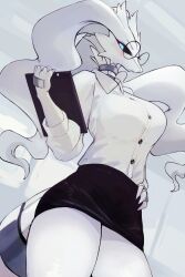 1girls absurd_res anthro aqua_eyes black_sclera blue_eyes blush clothed clothing collar dragon dragon_girl dragoness female_dragon female_pokemon furry furry_female glasses holding_object legendary_pokémon looking_at_viewer office_lady pokémon_(species) pokemon pokemon_bw reshiram round_glasses thick_thighs viewed_from_below yoru_vida