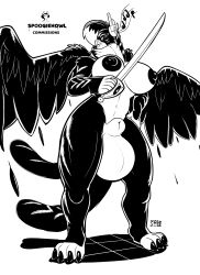 1futa absurd_res animal_genitalia animal_penis anthro balls ballsack big_breasts black_and_white black_body black_eyes black_fur black_hair body_fur breasts claws feathers feline flaccid_penis fully_sheathed futa_only futanari genitals hi_res mammal melee_weapon monochrome musical_note mythology nipples nude penis pinup pose scrotum sheath simple_background solo sphinx spoogiehowl spread_wings stripes sword testicles thick_thighs weapon white_background white_body white_fur white_hair wings