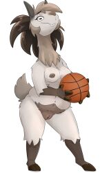 2023 3_fingers anthro ball basketball_(ball) breasts buckteeth camelid casual_nudity character_request cloven_hooves female fingers front_view full-length_portrait fur genitals grey_body grey_fur grey_nipples hi_res holding_ball holding_object honeymono hooved_fingers hooves llama long_neck looking_at_viewer mammal nipples nude nude_anthro nude_female original original_character portrait pussy simple_background solo standing teeth white_background