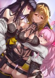 3girls android anis_(nikke) big_breasts bondage chains collar corruption female female_focus female_only femdom femsub goddess_of_victory:_nikke light-skinned_female mihara_(nikke) outfit_swap pink_hair whip yuni_(nikke) yuri