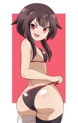 1girls abysswatchers ass big_ass big_butt bikini breasts brown_hair eye_contact female female_only kono_subarashii_sekai_ni_shukufuku_wo! long_hair looking_at_viewer looking_back medium_breasts megumin red_eyes shiny_skin sideboob solo thick_thighs