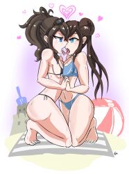 2girls after_kiss beach beach_ball beach_towel bikini black_bikini black_hair black_swimsuit blue_bikini blue_eyes blue_swimsuit breasts brown_hair double_bun female female_only hair_bun heart-shaped_pupils hilda_(pokemon) holding_hands kissing kneeling lesbian_kiss medium_breasts midriff multiple_girls navel nintendo pokemon pokemon_bw pokemon_bw2 ponytail rosa_(pokemon) saliva saliva_trail sand_castle side-tie_bikini side-tie_swimsuit sideboob sunglasses sunglasses_on_head sweating swimsuit twintails underboob verymediocre yuri