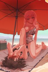 2girls beach blush exhibitionism female female_only female_pubic_hair karamel_flan katou_asuka kuroki_tomoko multiple_girls partially_clothed pixel_art pubic_hair public public_sex rubbing_pussy scissoring tribadism watashi_ga_motenai_no_wa_dou_kangaetemo_omaera_ga_warui! yuri