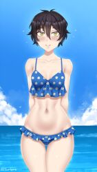 bikini black_hair blush mari_(twrlare) slender_waist small_breasts twrlare wide_hips