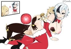 1boy 1girls aether_(genshin_impact) arlecchino_(genshin_impact) big_ass big_breasts big_penis christmas christmas_outfit clothed_sex genshin_impact huge_thighs impregnation oriimello straight