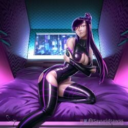 arms_crossed big_breasts cleavage_cutout cybernetics cyberpunk detailed detailed_background holding_breasts hotel latex_suit long_hair looking_at_viewer original pantyhose ponytail purple_eyes purple_hair realistic_textures sayuri_(sayuridrawsthings) sayuridrawsthings solo_female solo_focus squeeze tight_clothing