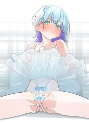 1boy anal anal_masturbation anal_object_insertion aqua_eyes arms_behind_back ass ballet bare_shoulders blue_hair blush crossdressing embarrassed femboy frills girly highres leotard looking_at_viewer male_focus masturbation mubo multicolored_hair object_insertion original otoko_no_ko pantyhose see-through sex_toy sex_toy_in_ass short_hair solo sweat two-tone_hair white_pantyhose