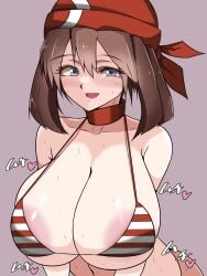 1girls alternate_breast_size areolae bandana bikini_top blue_eyes breasts brown_hair female huge_breasts kia-shi large_areolae light-skinned_female light_skin long_hair massive_breasts may_(pokemon) nintendo nipples pokemon pokemon_rse striped_bikini