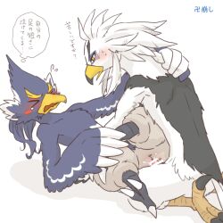 anthro athletic athletic_anthro athletic_male avian beak blue_body blue_feathers blush breath_of_the_wild duo embarrassed feathers japanese_text kusachi looking_pleasured male male/male nintendo nude revali rito sex talons teba_(tloz) text the_legend_of_zelda white_body white_feathers yellow_beak