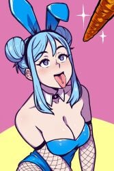 akairiot begging blue_eyes blue_hair bunny_ears bunnysuit carrot fishnet_armwear fishnet_legwear fishnets iru_may_(akairiot) open_mouth original pierced_tongue piercing purple_eyes simple_background tagme tongue_out