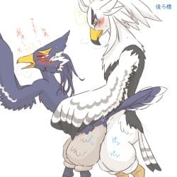 against_surface against_wall anthro athletic athletic_anthro athletic_male avian beak blue_body blue_feathers blush breath_of_the_wild duo embarrassed feathers from_behind_position japanese_text kusachi looking_pleasured male male/male nintendo nude revali rito sex talons teba_(tloz) text the_legend_of_zelda white_body white_feathers yellow_beak