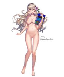 1girls alternate_costume ass_visible_through_thighs bare_arms bare_legs barefoot bettercommsoul blonde_hair book breasts completely_nude corrin_(fire_emblem) corrin_(fire_emblem)_(female) corrin_(summer)_(fire_emblem)_(female) edit female female_only fire_emblem fire_emblem_fates fire_emblem_heroes flower grey_hair hair_flower large_breasts legs long_hair looking_at_viewer nintendo nipples nude nude_female nude_filter official_alternate_costume open_mouth pointy_ears pussy red_eyes smile solo