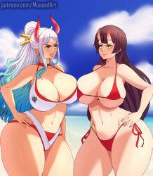 2girls beach big_breasts bikini breasts brown_hair female female_only horns huge_breasts long_hair multicolored_hair musaed_art one_piece orange_eyes ponytail standing thick_thighs voluptuous wide_hips yamato_(one_piece)