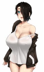 big_breasts black_hair hair_over_one_eye huge_breasts nipples_visible_through_clothing panties saya_(twrlare) tank_top twrlare