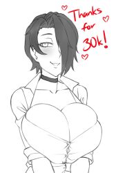 big_breasts black_hair bursting_breasts button_gap choker cleavage hair_over_one_eye huge_breasts milestone_celebration saya_(twrlare) twrlare