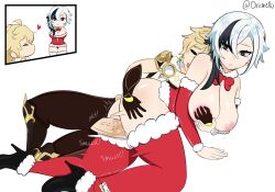 1boy 1girls aether_(genshin_impact) arlecchino_(genshin_impact) big_ass big_breasts big_penis christmas christmas_outfit clothed_sex genshin_impact huge_thighs oriimello santa_costume straight