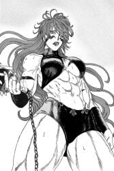 1girls abs absurd_res black_and_white chains fuma_kotaro_(tenkaichi) hi_res know_your_place legs long_hair looking_down meme muscles muscular muscular_female muscular_legs muscular_thighs ramosvitalixxx self_upload simple_background solo tenkaichi_nihon_saikyou_bugeisha_ketteisen thick_thighs white_background