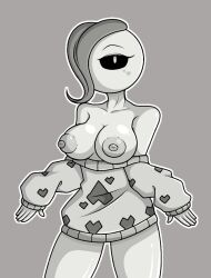 alien alien_girl almost_naked big_breasts big_breasts big_breasts black_sclera breasts breasts breasts exposed_breasts eyelashes face_markings female female_focus female_only goo goo_creature goo_girl gravera gravity_breaker grayscale hair_covering_eye half-dressed heart heart massive_thighs monochrome posing pupils seductive seductive_eyes seductive_look shiny shiny_skin shoulders showing_off sweater thick_thighs thighs