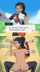 1boy 1girls ass black_hair clothing dialogue doggy_style duo english_text female female_focus female_penetrated incognito_edd instant_loss_2koma male male/female male_penetrating_female necktie necktie_only nemona_(pokemon) onomatopoeia open_mouth orange_eyes penis penis_in_pussy plap pokemon pokemon_sv ponytail sex smile smiling straight thighhighs tie tongue_out translated two_panel_image two_tone_hair unseen_male_face vaginal_penetration vaginal_sex veiny_penis