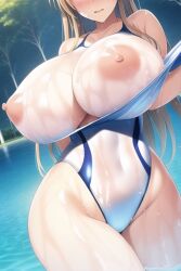 ai_generated areolae blush breasts huge_breasts long_hair nipples plump stable_diffusion swimsuit sword_art_online thick_thighs torn_clothes torn_swimsuit undressing wet wide_hips yuuki_asuna