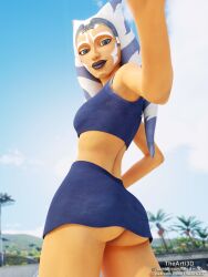 1girls 3d ahsoka_tano airress3d_(3d-modeller) alien alien_girl alien_humanoid beach blue_eyes booty_shorts clone_wars looking_at_viewer muscular_female orange_body orange_skin skirt star_wars tentacle_hair the_clone_wars:_season_seven thearti3d togruta upskirt