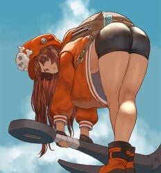 1girls arc_system_works ass ass_focus bike_shorts black_shorts bubble_butt female gloves guilty_gear guilty_gear_strive hoodie looking_at_viewer looking_back may_(guilty_gear) shorts solo tagme thick_thighs thighs underboob zefra_bleu