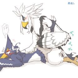 animal_genitalia anthro athletic athletic_anthro athletic_male avian beak blue_body blue_feathers blush breath_of_the_wild cloaca cloacal cloacal_kiss duo embarrassed feathers genitals kusachi looking_pleasured male male/male nintendo nude revali rito sex talons teba_(tloz) text the_legend_of_zelda white_body white_feathers yellow_beak