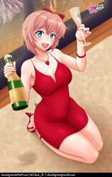 blue_eyes blush champagne champagne_glass clouddg doki_doki_literature_club female fireworks heart_necklace high_heels just_sayori kneeling looking_at_viewer new_year on_the_floor red_dress red_hair_bow rug sayori_(doki_doki_literature_club) smiling strawberry_blonde_hair window