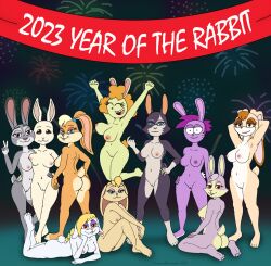 2023 4_toes 5_fingers activision anthro banner beastars bianca_(spyro) black_body black_fur blonde_hair blue_body blue_fur blue_hair breasts broodal brown_hair bunny_enid cartoon_network chinese_zodiac digital_media_(artwork) disney domestic_rabbit dwarf_rabbit emperorstarscream english_text enid enid_(ok_k.o.!_lbh) feet female fingers fireworks fur genitals grey_body grey_fur group hair hariet_(mario) haru_(beastars) hindpaw holidays humanoid_hands judy_hopps lagomorph large_breasts leporid lola_bunny looney_tunes lucy_hare mammal mario_(series) medium_breasts multicolored_body multicolored_fur navel new_year new_year_2023 nickelodeon nintendo nipples nude ok_k.o.!_let's_be_heroes open_mouth open_smile oryctolagus paws pink_body pink_fur pussy rabbit rimba_racer secretary_tammy sega smile sonic_(series) sonic_the_hedgehog_(series) spyro_the_dragon super_mario_odyssey t.u.f.f._puppy tan_body tan_fur text toes torres_(rimba_racer) two_tone_body two_tone_fur vanilla_the_rabbit warner_brothers white_body white_fur year_of_the_rabbit zootopia