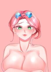 1girls ashe_(league_of_legends) bare_shoulders blush breasts cleavage covering covering_breasts embarrassed embarrassed_nude_female enf female female_only green_eyes highres huge_breasts human human_only large_breasts league_of_legends looking_at_viewer naked nude nude_female nudity ocean_song_ashe pink_hair pool_party_series simple_background solo sunglasses sunglasses_on_head sweatdrop upper_body yuhana_(artist)