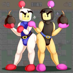 2boys annoyed ass_jiggle ass_squish ass_to_ass big_ass big_bulge big_butt black_bomberman blush bomberman bulge bulge_through_clothing bumping_asses butt_squish butt_to_butt curvy curvy_figure curvy_male jiggling_ass leotard male male/male male_only no_mouth no_nose peekleek playful skin_tight thick_thighs toony white_bomber