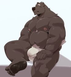 2023 absurd_res anthro asian_clothing bear belly black_nose bulge clothing east_asian_clothing feet fundoshi hi_res japanese_clothing jumperbear kemono male mammal moobs musclegut nipples sitting solo underwear white_clothing white_fundoshi white_underwear