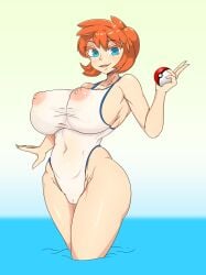 aqua_eyes armpits arms_up breasts clothing covered_navel cowboy_shot curvaceous female female female_only gaixas1 game_freak high_resolution hips holding holding_object holding_poke_ball huge_breasts kasumi_(pokemon) kasumi_(pokemon) large_breasts legs misty_(pokemon_hgss) muscle navel nintendo one-piece_swimsuit open_mouth orange_hair poke_ball pokemon pokemon_(game) pokemon_gsc pokemon_hgss simple_background smile standing swimsuit thick_thighs thighs vagina very_high_resolution water white_swimsuit wide_hips