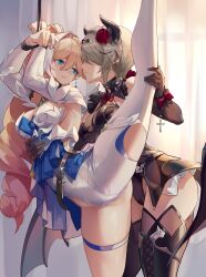 2girls bianka_durandal_ataegina blonde_female bondage durandal_(honkai_impact) honkai_impact_3rd legs_apart legs_held_open legs_up mihoyo rita_rossweisse splits tied_hands yuri zomzomzomsauce