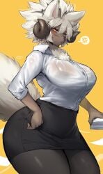 1girls anger_vein anthro big_breasts blush breasts caprine curved_horns female female_only furry glasses hi_res horns looking_at_viewer office_lady pantyhose solo solo_focus suurin_(ksyaro) thick_thighs white_hair yellow_background yellow_eyes