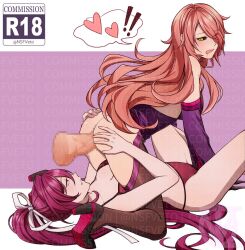 2girls ambiguous_penetration blazblue blazblue:_central_fiction censored_penis clothed_female clothed_sex clothing crossover disembodied_penis doggy_style heart kneeling konoe_a_mercury multiple_girls nine_the_phantom nsfveto panties pink_hair ponytail purple_hair red_eyes sex tagme threesome under_night_in-birth underwear watermark yellow_eyes yuzuriha_(under_night_in-birth)