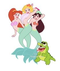 3girls arika_(peter_pan) black_hair blonde_hair blue_eyes breasts chelan_(peter_pan) disney female female_only mermaid multiple_girls nippy13 penelope_(peter_pan) peter_pan peter_pan_(disney) ponytail seashell_bra topless