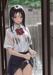 big_breasts black_bra black_hair black_hair_female black_panties blush lingerie original original_character rain raining school_uniform schoolgirl surumenium translucent_clothing transparent_clothing wet_clothes