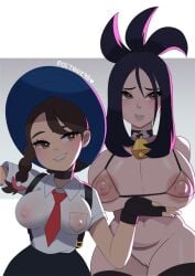 2girls areolae bell big_breasts black_hair braided_hair breasts cow_bell cow_print cowbell dendra_(pokemon) female female_only femdom femsub hat huge_breasts juliana_(pokemon) legwear lezdom multiple_girls nintendo nipple_bulge nipples nipples_visible_through_clothing pokemon pokemon_sv postblue98 pussy size_difference small_dom_big_sub smile teacher thick_thighs thighhighs thighs twin_braids wide_hips yuri