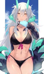 bikini claws dragon_girl dragon_horns horns large_breasts long_hair original popsicle sasa_onigiri white_hair yellow_eyes