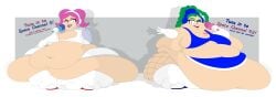 2girls bbw belly belly_bulge big_belly big_thighs blue_eyes colbob111 green_eyes green_hair headphones massive_thighs microphone news_reporter overflowing_belly overweight overweight_female pink_hair pudding_(space_channel_5) sega space_channel_5 ssbbw thick_thighs ulala