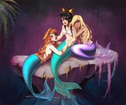 3girls arika_(peter_pan) atlanteia black_hair blue_eyes disney emily-fay female fish_girl fish_tail hair_ornament long_hair mermaid mermaid_girl mermaid_position mermaid_tail multiple_girls penelope_(peter_pan) peter_pan peter_pan_(disney) png red_hair seashell_bra