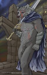 angry animal_genitalia animal_penis anthro armor balls ballsack blaidd_(elden_ring) blue_eyes body_fur canine canine_penis cloak clothing elden_ring fangs flaccid_penis fromsoftware furry_balls genitals grey_fur hi_res looking_at_viewer male male_nipples mammal melee_weapon mercrantos penis ruins scars scrotum sheath shirtless solo sword teeth testicles text url weapon were werecanid werecanine werewolf wolf