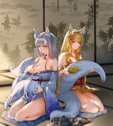 2girls bare_shoulders bell_collar big_breasts blonde_hair brushing_tail cleavage closed_eyes collar corruption_of_champions_ii detailed_background female female_only fox_ears fox_girl fox_tail full_body furisode hair_ornament hand_on_belly hand_on_stomach indoors japanese_clothes kemonomimi kimono kitsune kneeling long_hair multiple_girls multiple_tails no_bra nyahpa20 obi off_shoulder original pregnant red_eyes room seiza short_kimono shouji silver_hair sitting smile tatami wholesome wide_sleeves