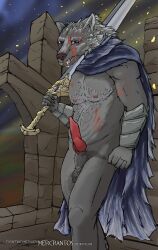 angry anthro armor blaidd_(elden_ring) blue_eyes canid canine canis cloak clothing elden_ring fangs fromsoftware fur genitals grey_body grey_fur hi_res knot looking_at_viewer male male_only mammal melee_weapon mercrantos nipples penis ruins scar shirtless solo sword teeth text url weapon were werecanid werecanine werewolf wolf