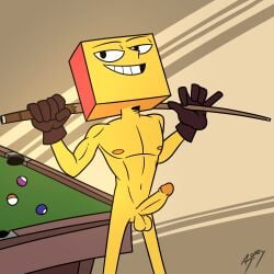 1boy billiards cube_(yellow) erection gloves grin holding_object humanoid humanoid_penis male male_only naked non-human nude onlyboney pool_ball pool_cue pool_table posing smile solo the_heist