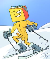 boots cube_(yellow) erection gloves goggles_on_head holding_object humanoid humanoid_penis male male_only naked non-human nude onlyboney skiing smile snow the_heist