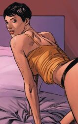 1girls batman_(series) black_hair black_hair_female clay_mann comic comic_panel dc dc_comics female_only lewd official_art panties selina_kyle solo tomeu_morey underwear