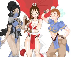 2d 3girls battle_suit big_ass big_breasts big_butt black_hair blue_nails brown_eyes brown_hair chun-li crossover female female_only happy_face karate king_of_fighters kitana loincloth mai_shiranui mortal_kombat pink_nails street_fighter tights umbrella yellow_eyes yellow_nails